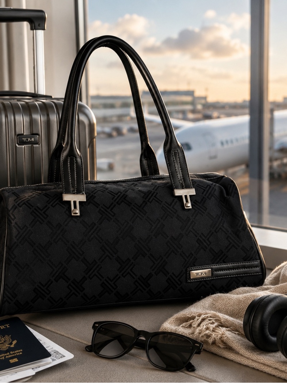 Tumi Black Jacquard Travel Satchel with Leather Trim